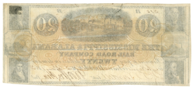 1838 Mississippi & Alabama RR Co., Brandon, MS $20 Obsolete Note (63350)