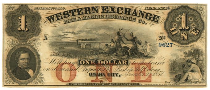 1857 Western Exchange Fire & Marina Insurance Co., Omaha City, NE $1 Note 63354