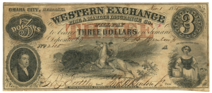 1855 Western Exchange Fire & Marine Insurance Co., Omaha City, NE $1 Note 63353