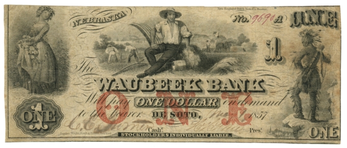 1857 Waubeek Bank, De Soto, Nebraska $1 Obsolete Note No.9690 (63356)