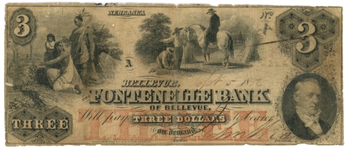 1852 Fontenelle Bank of Bellevue, Nebraska $3 Obsolete Note (63355)