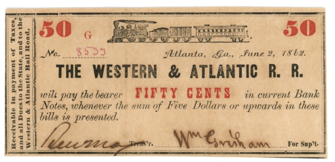 1862 Western & Atlantic Railroad Co., Atlanta, Georgia 50c Obsolete Note (63361)