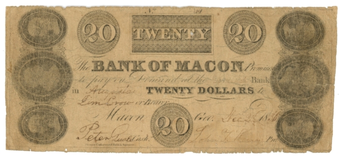 1836 Bank of Macon, Augusta Branch, Georgia $20 Obsolete Note (63366)