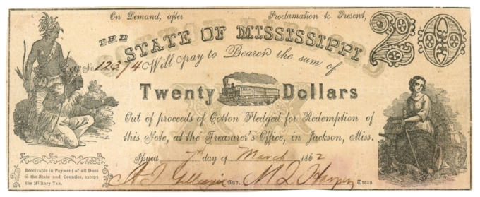 1862 State of Mississippi, Jackson, MS $20 Note CR-11 Cotton Pledged (63364)