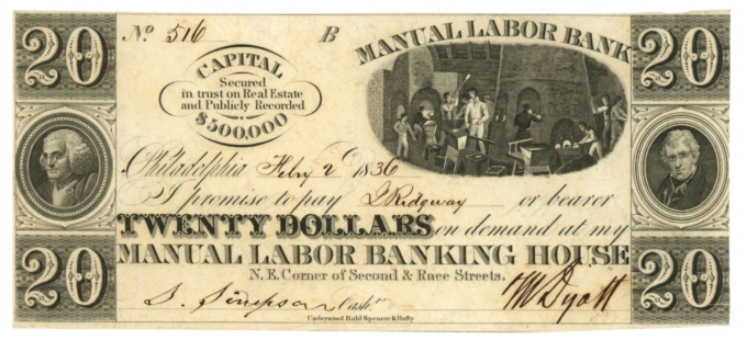 1836 Manual Labor Bank, Philadelphia, Pennsylvania $20 Obsolete Note (63370)