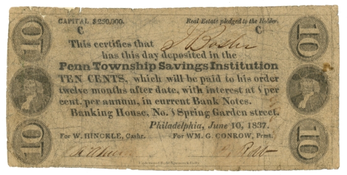 1837 Penn Township Savings Institution, Philadelphia, PA 10c Obsolete Note 63375