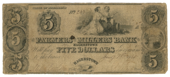 1846 Farmers & Millers Bank of Hagerstown, Maryland $5 Obsolete Note (63374)