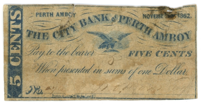 1862 City Bank of Perth Amboy, New Jersey 5c Obsolete Note (63379)