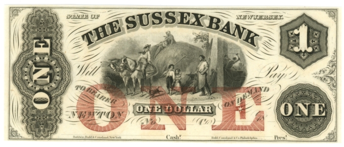 18XX Sussex Bank, Newton, New Jersey $1 Obsolete Note - Haxby NJ390-G10a (63387)