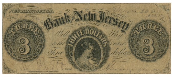 1858 Bank of New Jersey, New Brunswick, NJ $3 Obsolete Note (63385)