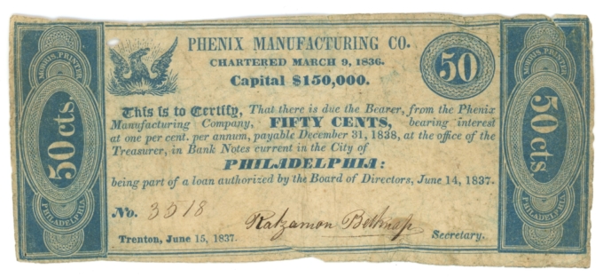 1837 Phenix Manufacturing Co., Trenton, New Jersey 50c Obsolete Scrip (63389)