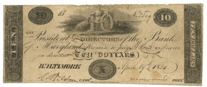 1830 Bank of Maryland, Baltimore, MD $10 Obsolete Note No.2609 (63392)