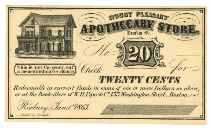 1863 Mt. Pleasant Apothecary Store, Roxbury, MA 20c Obsolete Scrip (63403)