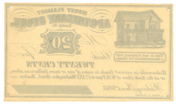 1863 Mt. Pleasant Apothecary Store, Roxbury, MA 20c Obsolete Scrip (63403)