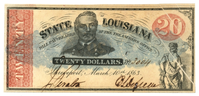 1863 State of Louisiana, Shreveport, LA $20 Obsolete Note CR-13 (63406)