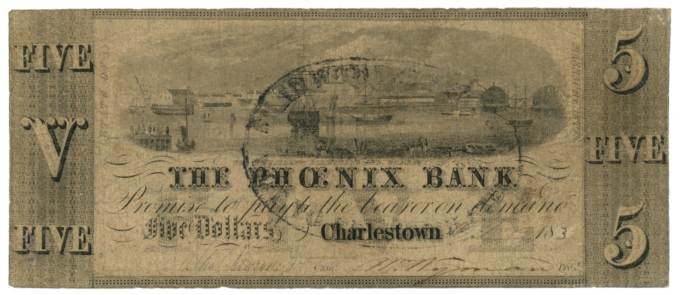 183X Phoenix Bank, Charlestown, Massachusetts $5 Obsolete Note (63408)