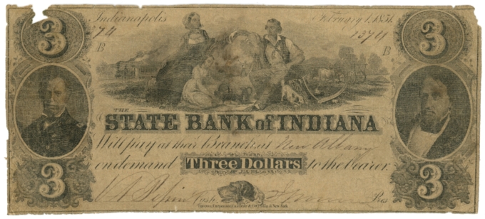 1851 State Bank of Indiana, New Albany, IN $3 Obsolete Note CTFT (63410)