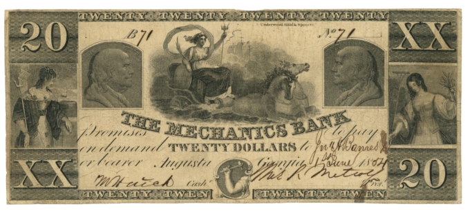 1854 Mechanics Bank, Augusta, Georgia $20 Obsolete Note No.71 (63411)