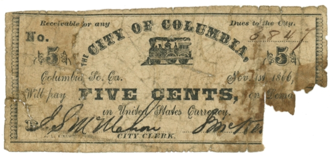 1866 City of Columbia, South Carolina 5c Obsolete Note Sh869 R6 RARE (63412)