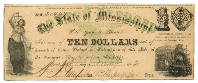 1862 State of Mississippi, Jackson, MS $10 Note - Cotton Pledged CR-17 (63422)