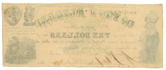 1862 State of Mississippi, Jackson, MS $10 Note - Cotton Pledged CR-17 (63422)