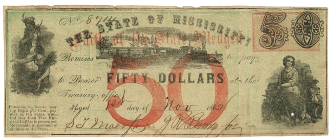 1862 State of Mississippi, Jackson, MS $50 Note - State Pledged CR-33 (63423)