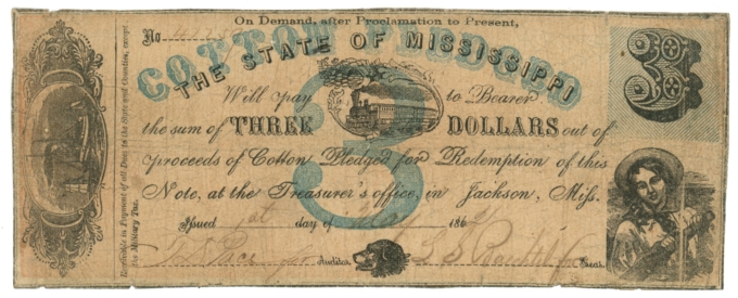 1862 State of Mississippi, Jackson, MS $3 Note - Cotton Pledged CR-23 (63425)