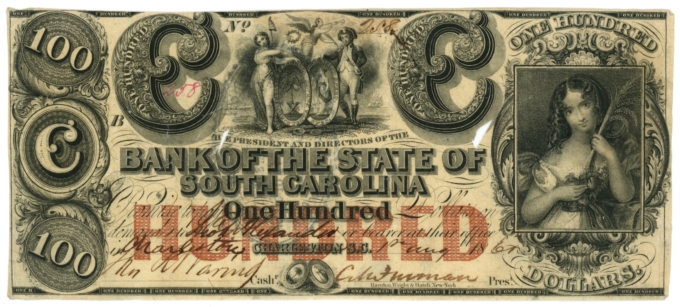 1861 Bank of the State of South Carolina, Charleston SC $100 Note Sh605 (63427)