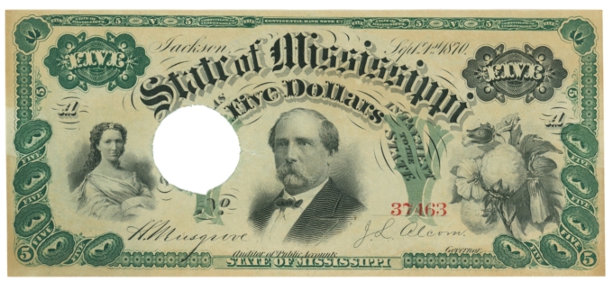 1870 State of Mississippi, Jackson, MS $5 Obsolete Note CR-50 (63426)