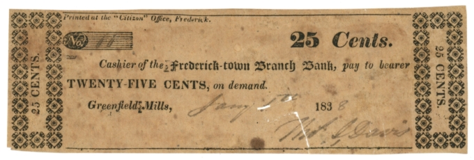 1838 Frederick-town Branch Bank Maryland 25Cents (L4907)