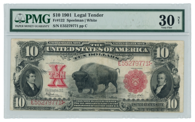 FR-122 1901 $10 Legal Tender Bison Note PMG VF30 NET (L4901)