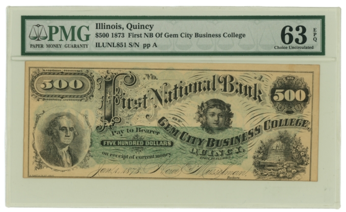 1873 First NB of Gem City Business College, Quincy, IL $500 Note PMG 63EPQ 63440