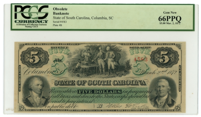 1872 State of South Carolina, Columbia, SC $5 Note PCGS 66PPQ CR-5 (63441)