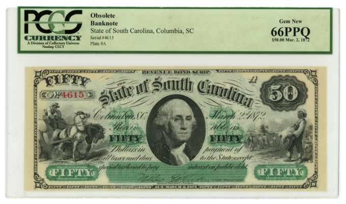 1872 State of South Carolina, Columbia, SC $50 Note PCGS 66PPQ CR-8 (63443)