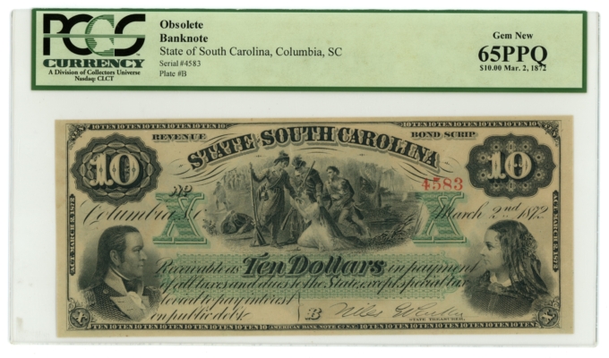 1872 State of South Carolina, Columbia, SC $10 Note PCGS 65PPQ CR-6 (63442)