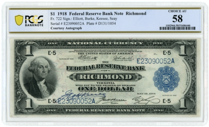 1918 $1 Federal Reserve Bank Note - Richmond PCGS AU58 Keesee Courtesy Autograph