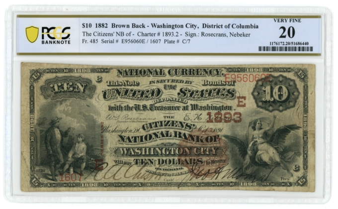 1882 Brown Back Citizens' NB of Washington City, D.C. $10 NBN Ch#1893 PCGS VF20