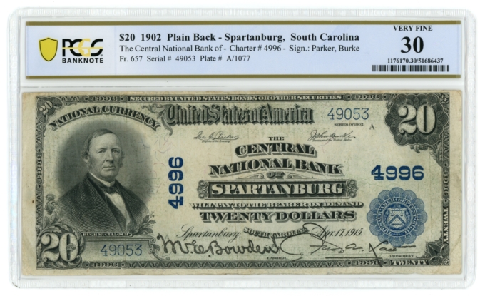 1902 PB Central NB of Spartanburg, SC $20 National Bank Note Ch#4996 PCGS VF30