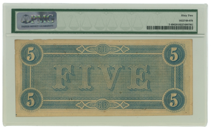 T-69 1864 Confederate States of America $5 Note No.75872 PMG 62 UNC (63460)