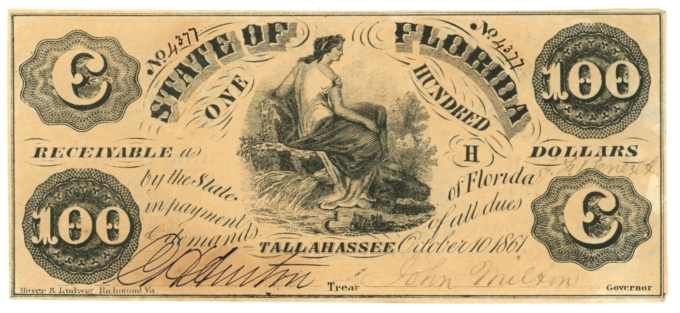 1861 State of Florida, Tallahassee, FL $100 Obsolete Note CR-2 (63502)