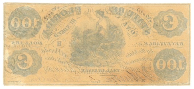 1861 State of Florida, Tallahassee, FL $100 Obsolete Note CR-2 (63502)