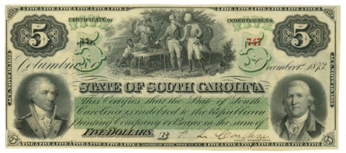 1873 State of South Carolina, Columbia, SC $5 Obsolete Note CR-5 (63504)