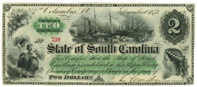 1873 State of South Carolina, Columbia, SC $2 Obsolete Note CR-4 (63503)