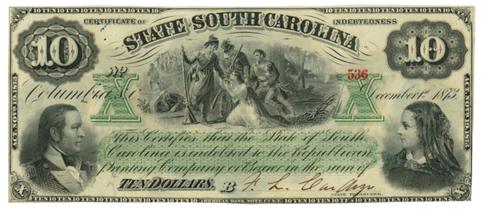 1873 State of South Carolina, Columbia, SC $10 Obsolete Note CR-6 (63505)