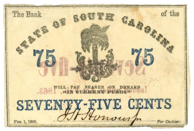 1862 Bank of the State of South Carolina, Charleston, SC 75c Obsolete Note 63526