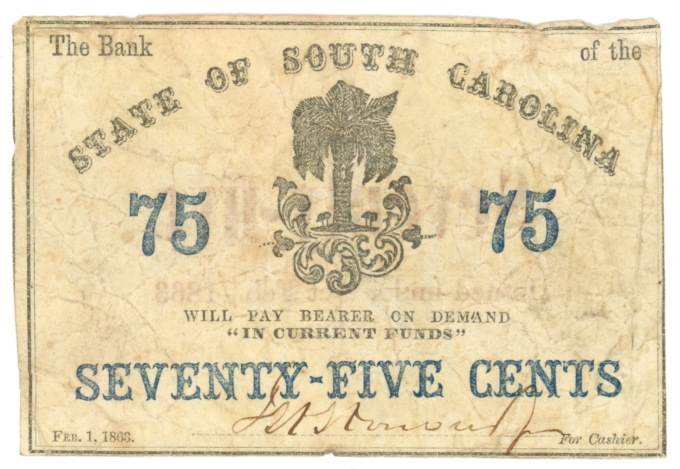 1863 Bank of the State of South Carolina, Charleston SC 75c Note (63531)