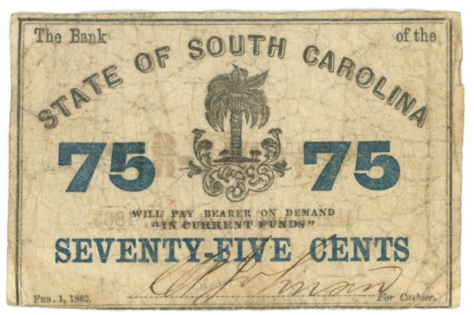 1863 State of South Carolina, Charleston SC 75c Note - FRB ERROR (63530)