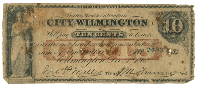 1862 City of Wilmington, Delaware 10c Obsolete Note No.2483 (63529)