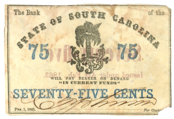 1863 Bank of the State of South Carolina, Charleston SC 75c Note (63533)