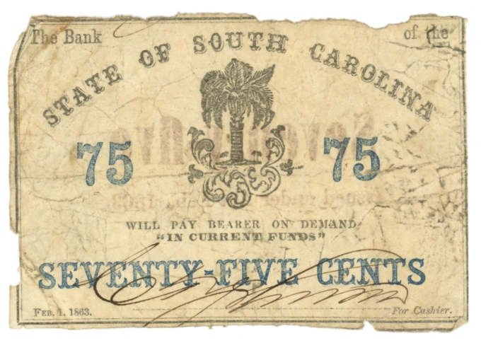 1863 Bank of the State of South Carolina, Charleston SC 75c Note (63532)